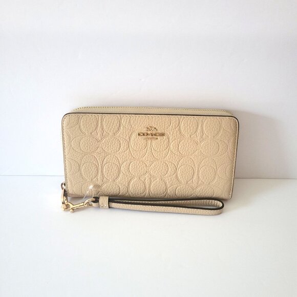 Coach CCL35 Long Zip Around Wallet Debossed Signature Pebbled Leather Oat - Picture 2 of 6